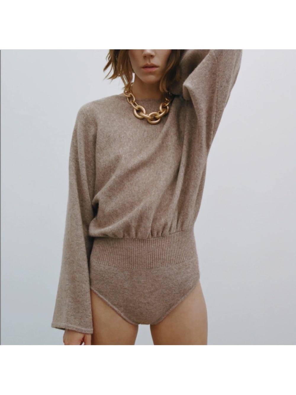 Zara Neutral Beige Crewneck Knit Sweater Oversized Boysuit Size Small
